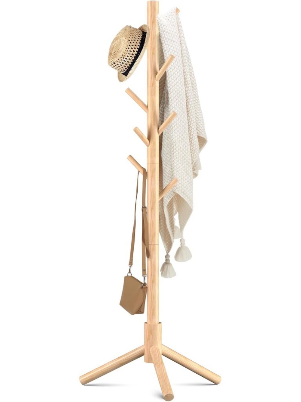 3 Adjustable Freestanding Wooden Coat Rack Stand 8 Hooks,Hallway